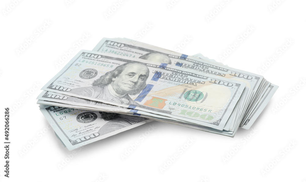 Many dollar banknotes on white background. American national currency Many dollar banknotes on white background. American national currency