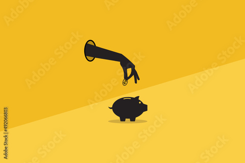 Business man hand put coin in bank on yellow background vector illustration in flat design. Earnings, saving and finance concept. Horizontal banner template.