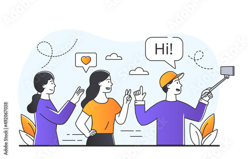 Taking selfies together. Man and girl take photo. Bloggers on journey or tourists in another country. Memories and vivid impressions, group of young friends. Cartoon flat vector illustration