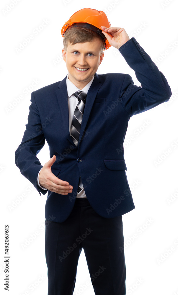 Portrait of a man in a business suit. builder, foreman, engineer with a helmet. successful businessman. isolated Portrait of a man in a business suit. builder, foreman, engineer with a helmet. successful businessman. isolated