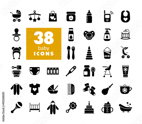 Baby, feeding and care vector glyph icons set