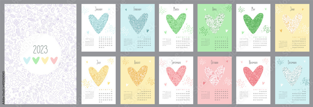 Wall calendar design template for 2023. Set for 12 months. Vector images with hearts, different abstractions, against the background of a doodle by the seasons of the year