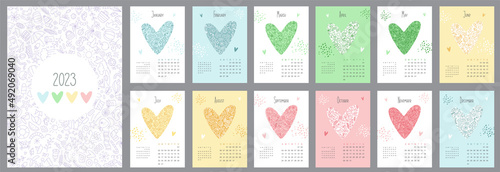 Wall calendar design template for 2023. Set for 12 months. Vector images with hearts, different abstractions, against the background of a doodle by the seasons of the year