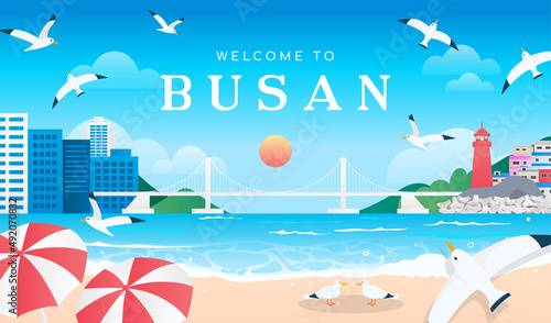 Welcome to Busan poster vector illustration. Beautiful Busan landscape.