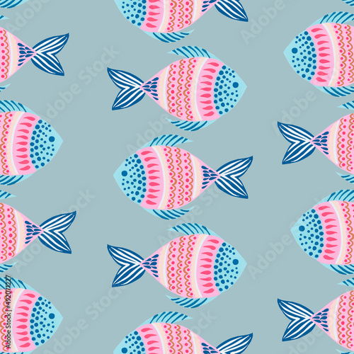 Fish repeat seamless pattern drawing blossom flower pink and blue color illustration for fashion fabric decor interior