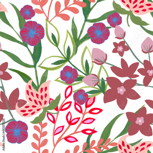 Blooming abstract flower foliage and straberry repeat seamless pattern bouquet blossom illustration