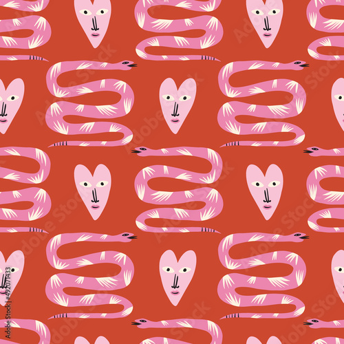 Strange ugly hearts with snakes. Vector clipart Valentine seamless pattern. Red and pink. EPS and JPG illustration. Funky doodle trendy print, colorful handdrawn childish cartoon art. Groovy fauve