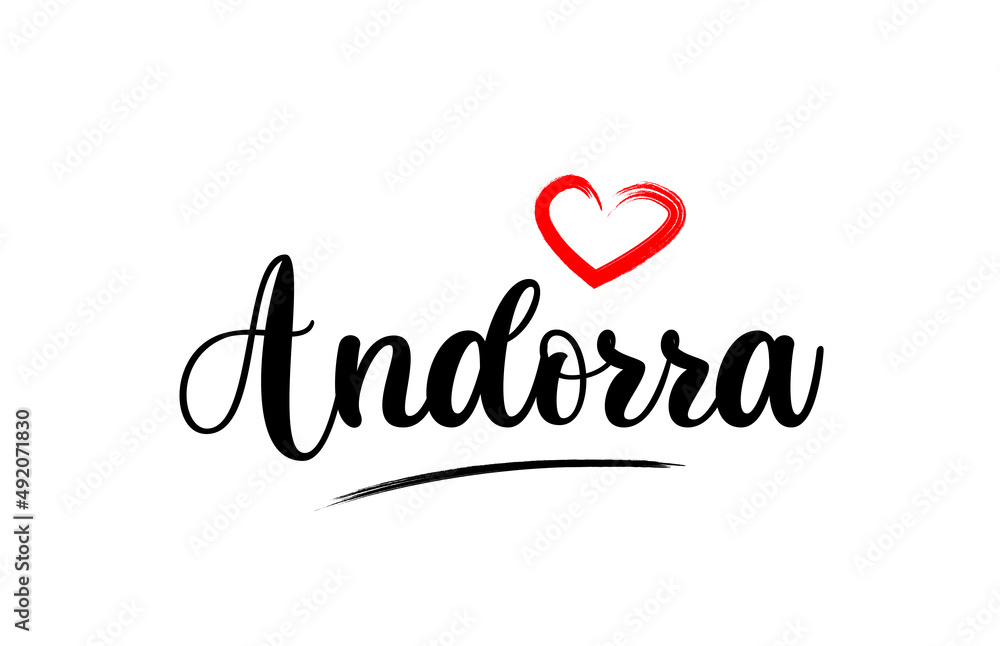 Andorra country name with red love heart and black text