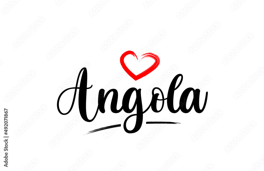 Angola country name with red love heart and black text