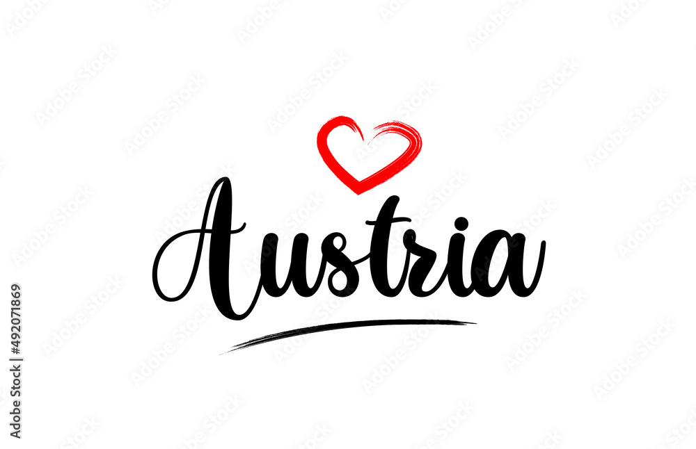 Austria country name with red love heart and black text