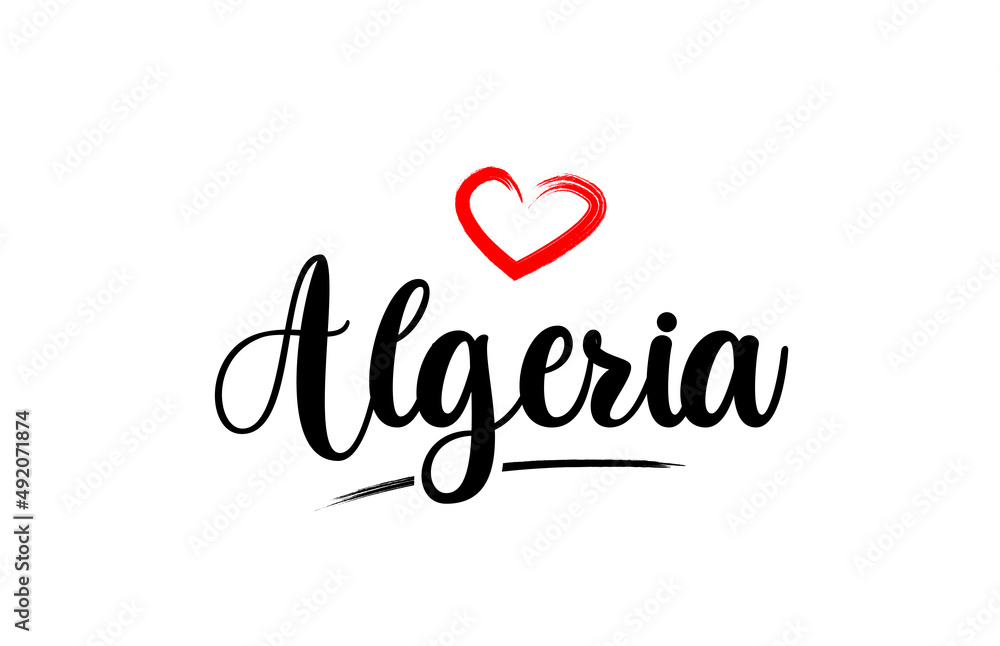 Algeria country name with red love heart and black text