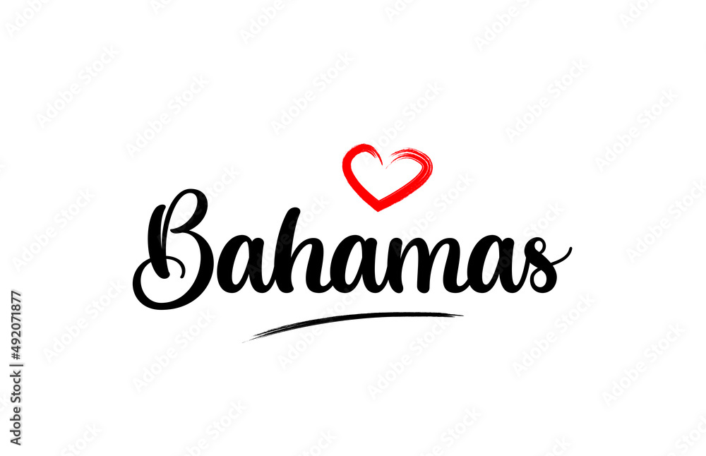 Bahamas country name with red love heart and black text