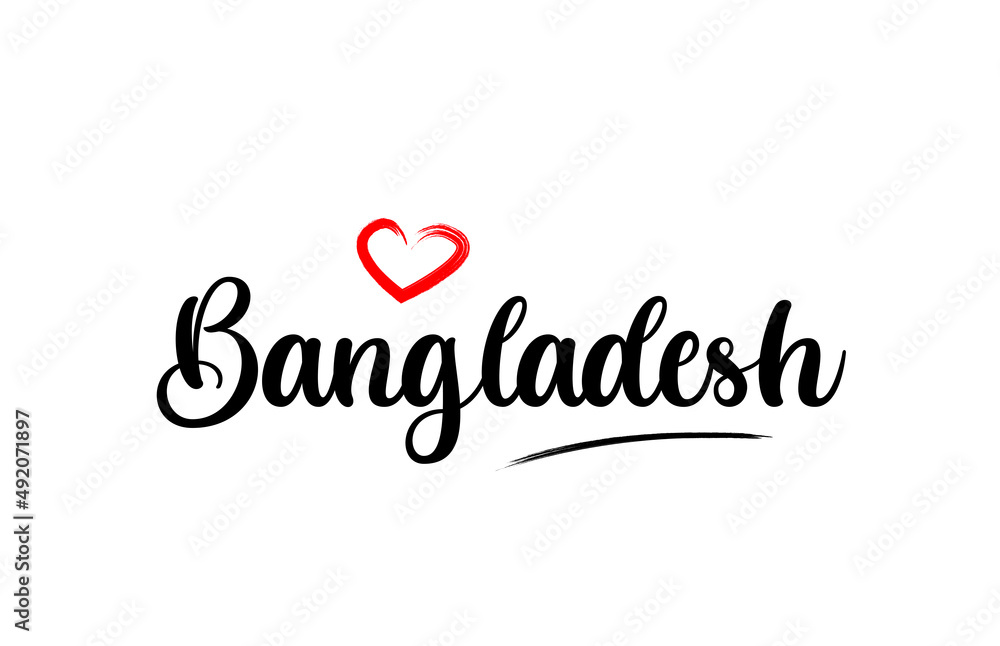 Bangladesh country name with red love heart and black text