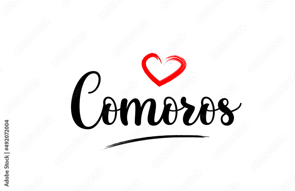 Comoros country name with red love heart and black text