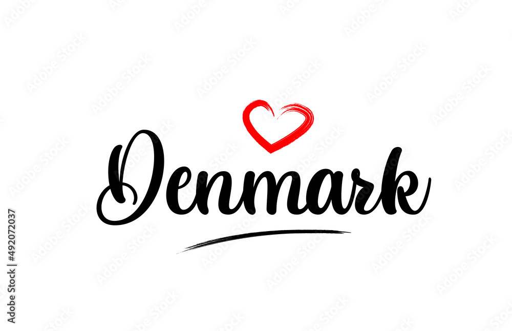 Denmark country name with red love heart and black text