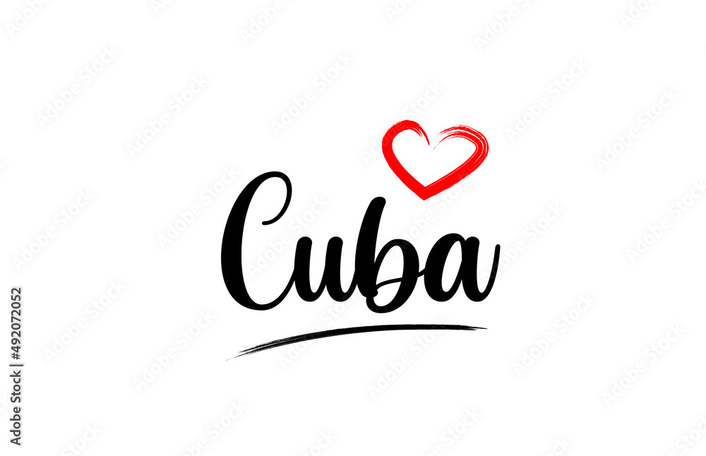Cuba country name with red love heart and black text