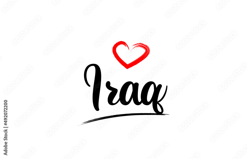 Iraq country name with red love heart and black text