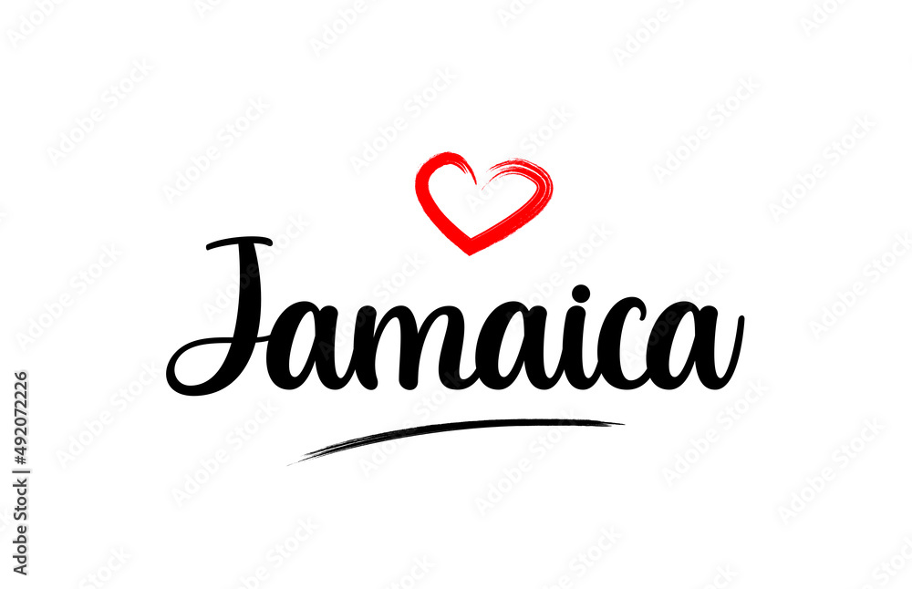 Jamaica country name with red love heart and black text