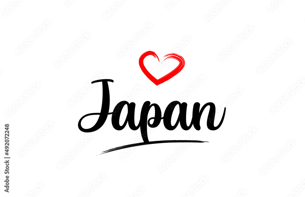 Japan country name with red love heart and black text