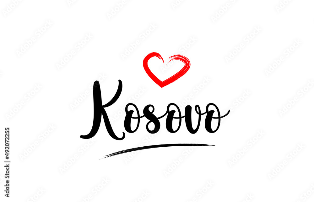 Kosovo country name with red love heart and black text