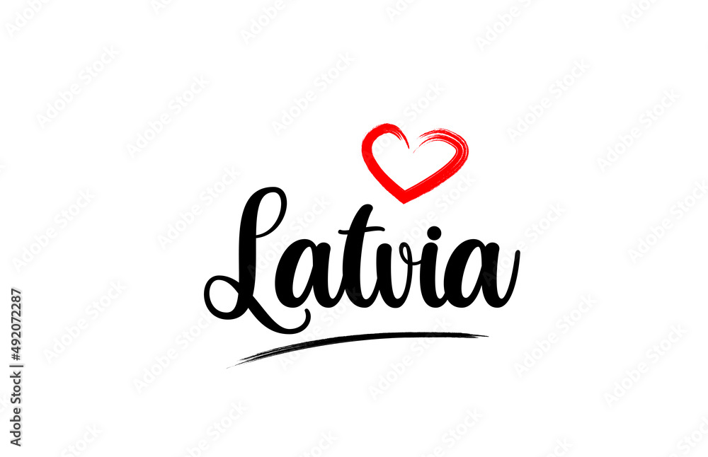 Latvia country name with red love heart and black text