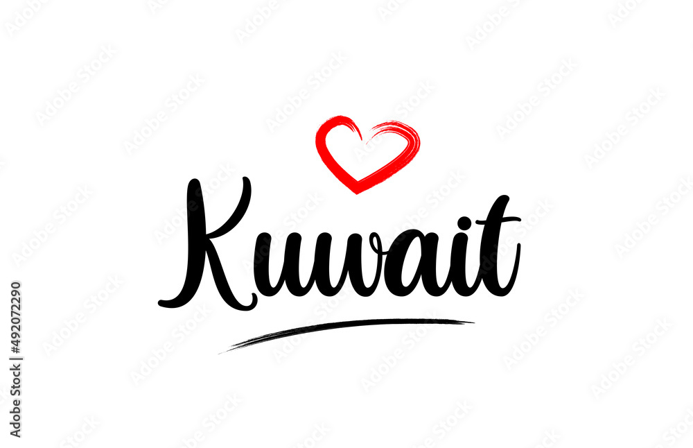 Kuwait country name with red love heart and black text