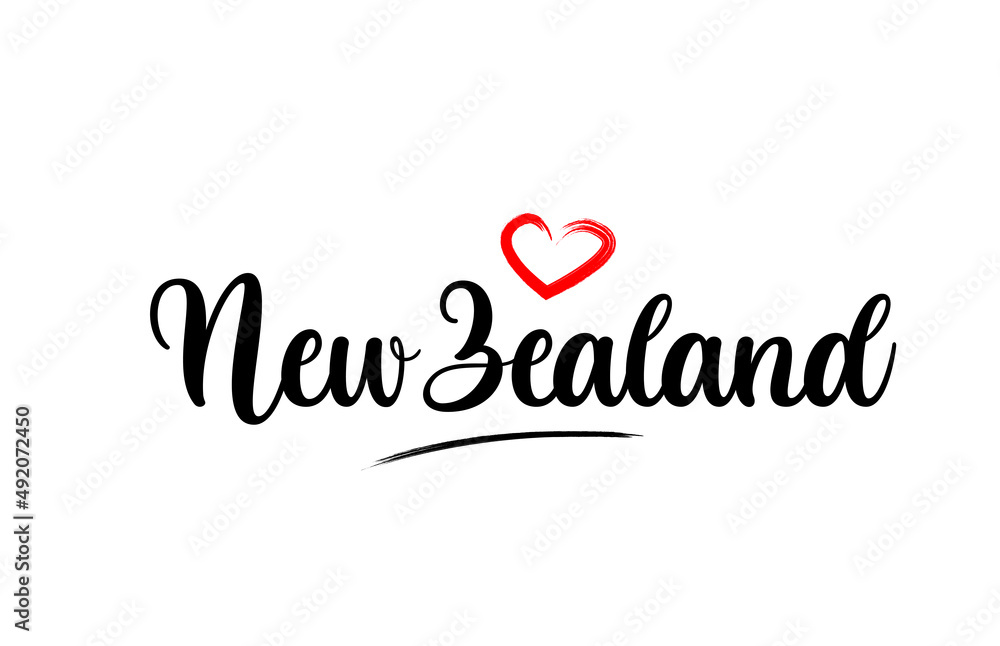 New Zealand country name with red love heart and black text