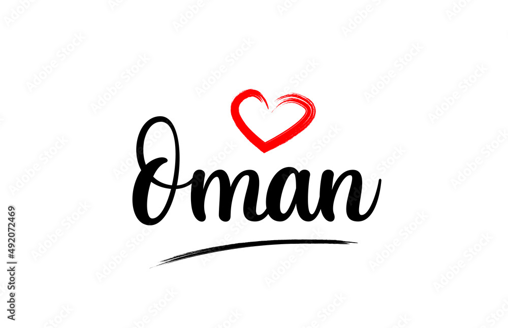 Oman country name with red love heart and black text