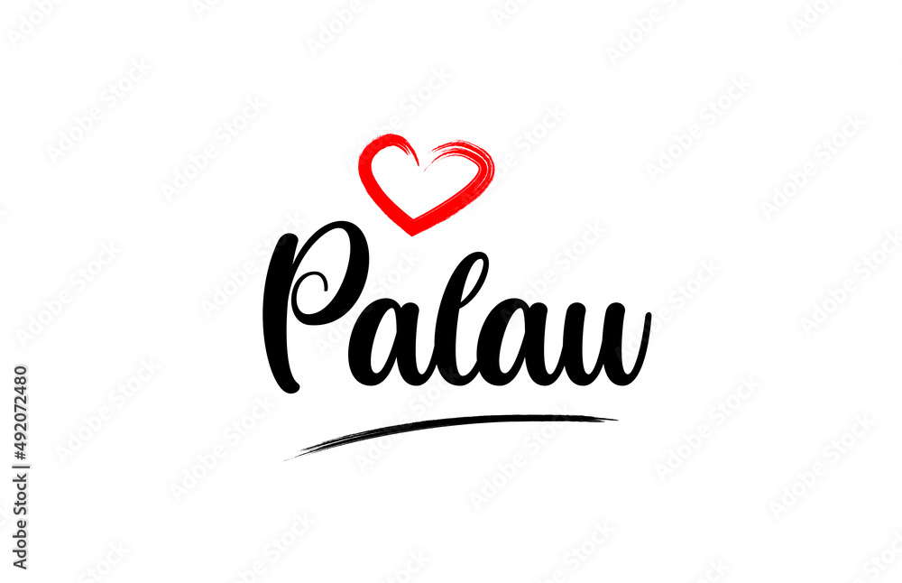 Palau country name with red love heart and black text
