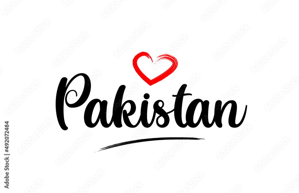 Pakistan country name with red love heart and black text