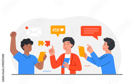 People with smartphones. Guys communicate in social networks, modern technologies and Internet. Bloggers and popularity, teenagers discuss news, rumors and gossip. Cartoon flat vector illustration