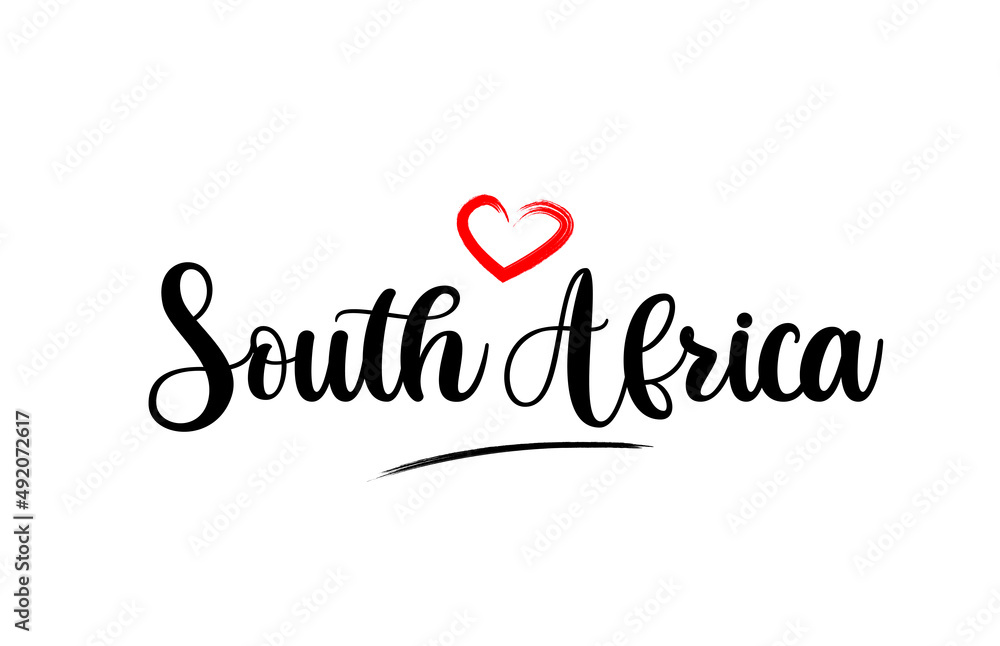 South Africa country name with red love heart and black text