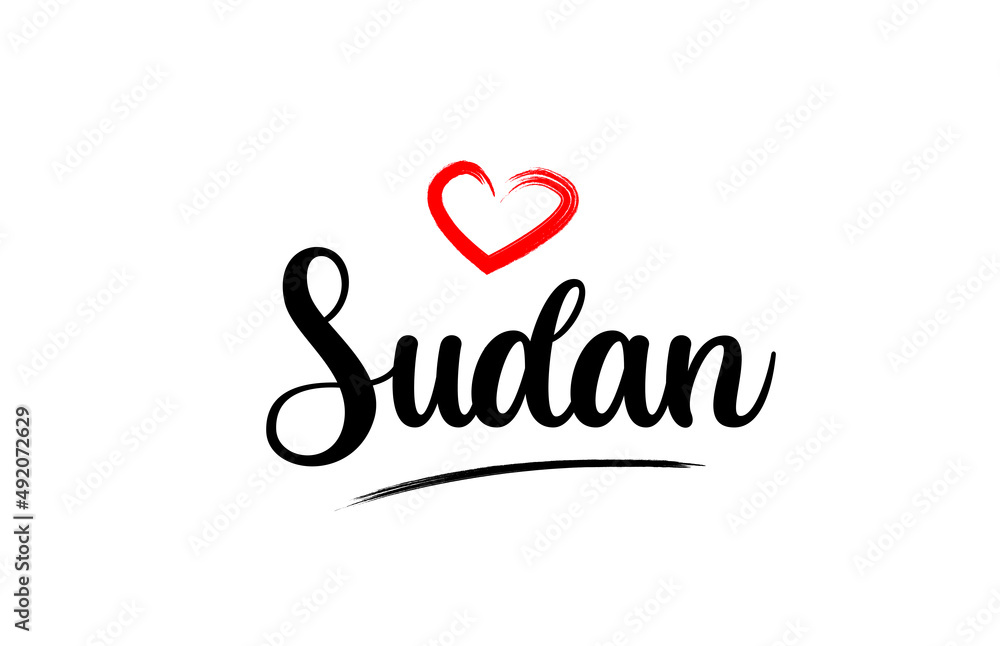 Sudan country name with red love heart and black text
