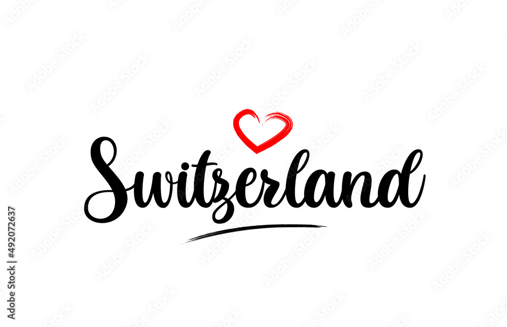 Switzerland country name with red love heart and black text