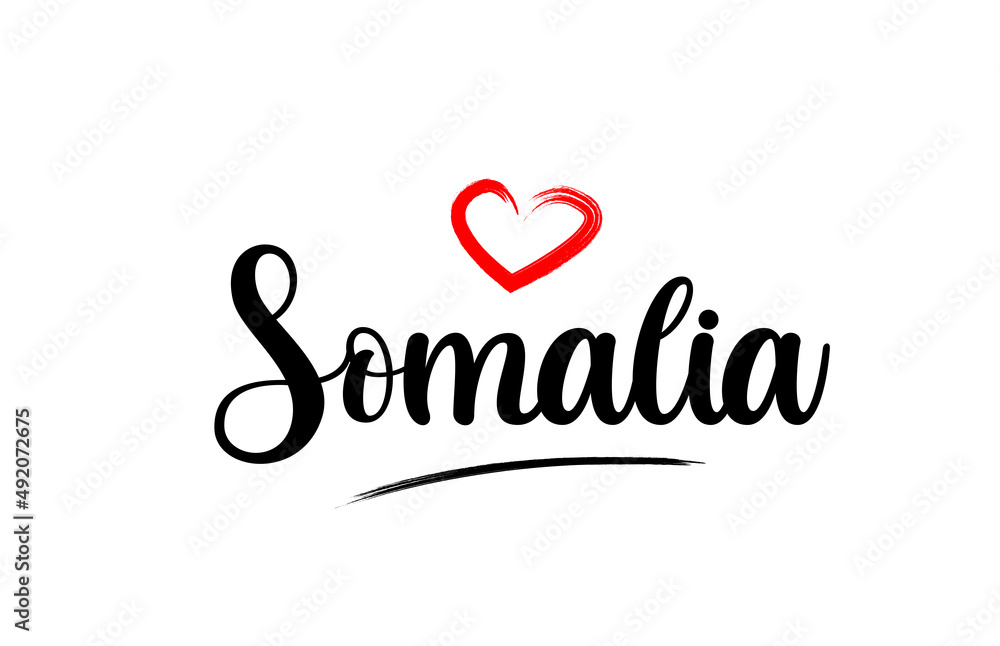 Somalia country name with red love heart and black text
