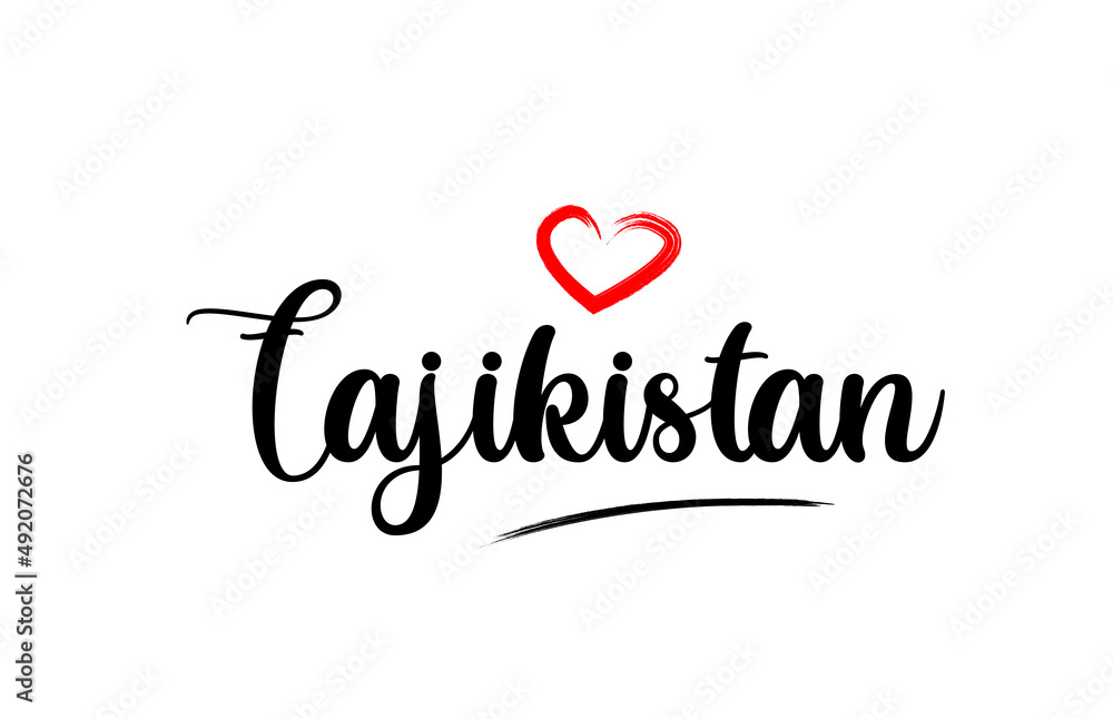 Tajikistan country name with red love heart and black text