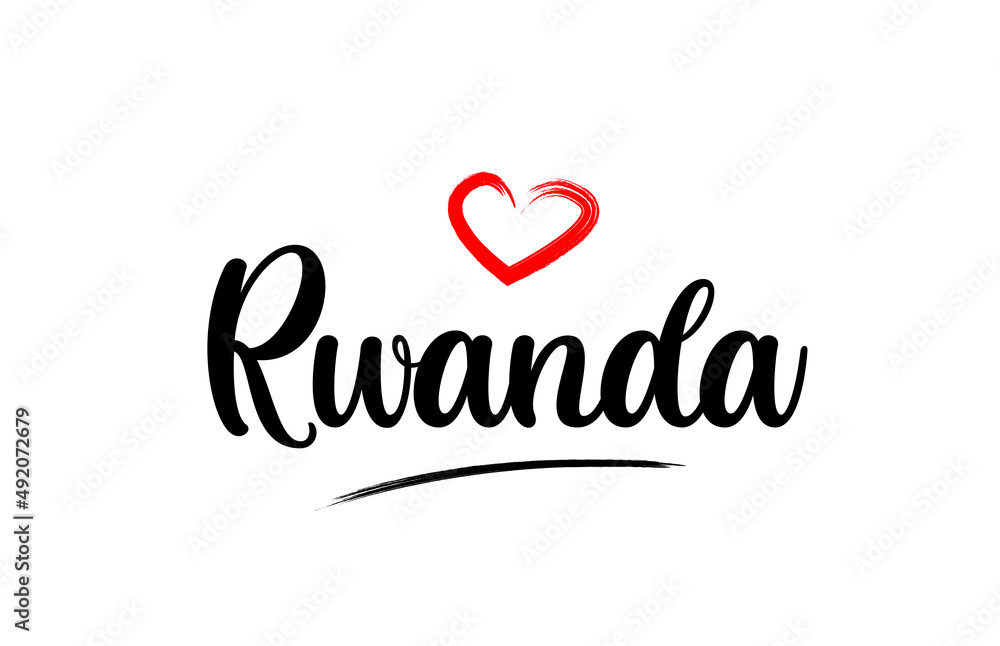 Rwanda country name with red love heart and black text