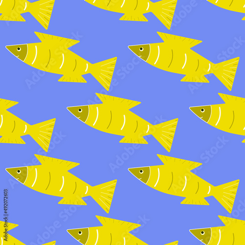 Cartoon fish in flat style in vector seamless pattern. Fish, zoological, marine texture. Yellow fish on a blue background. Illustration for pet shop, fishing shop, fish restaurant, oceanarium
