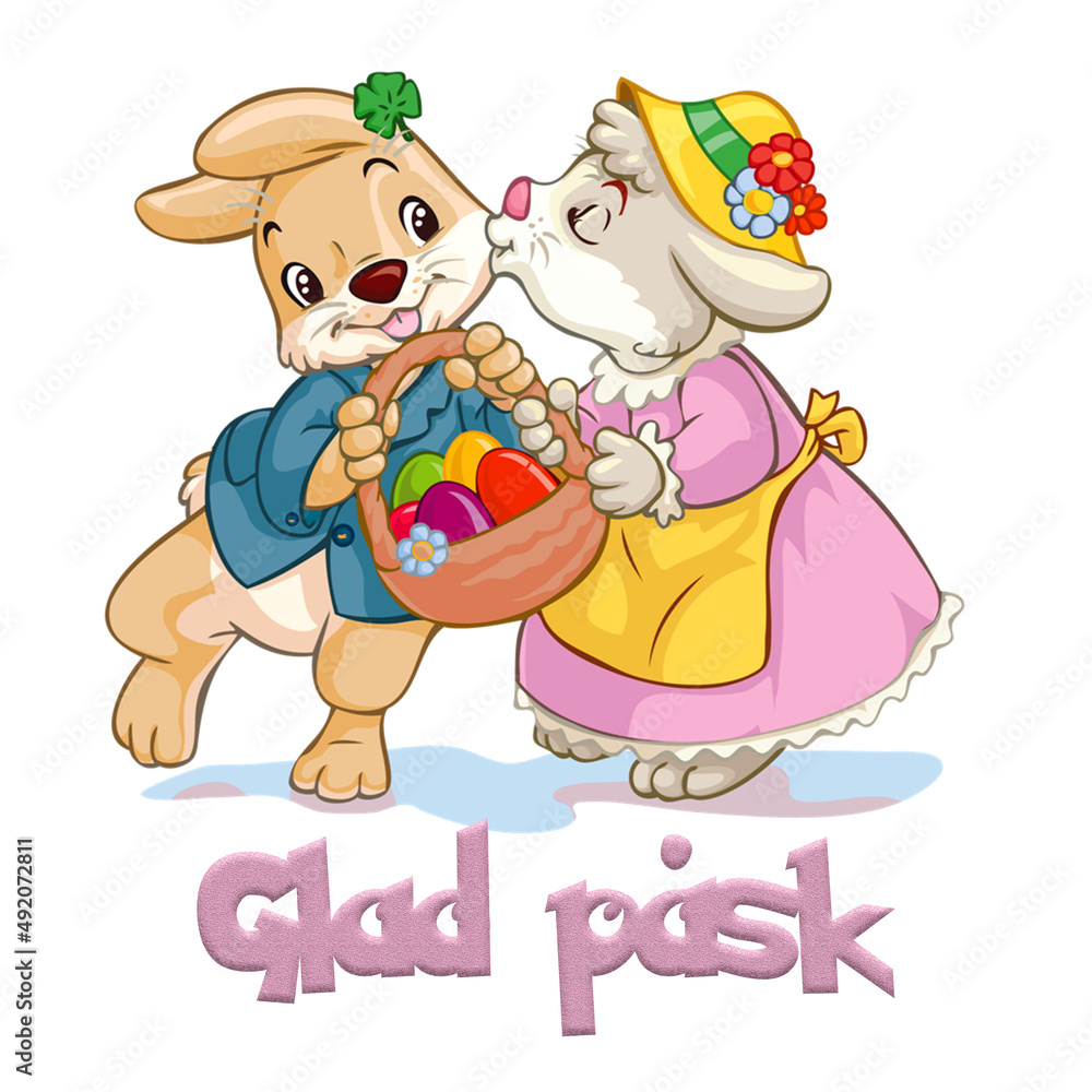 Obraz premium Image, drawing depicting a bunny kissing a bunny with basket of Easter eggs, Happy Easter Swedish text