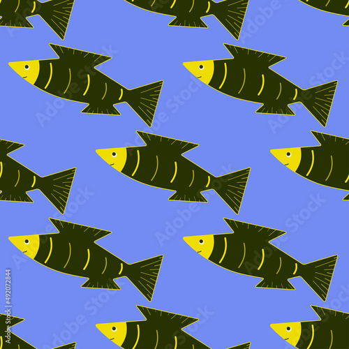 Cartoon fish in flat style in vector seamless pattern. Fish, zoological, marine texture. Striped fish on a blue background. Illustration for pet shop, fishing shop, fish restaurant, oceanarium