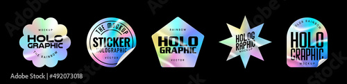 Holographic stickers. Hologram labels of different shapes. Sticker shapes for design mockups. Holographic textured stickers for preview tags, labels. Vector illustration photo