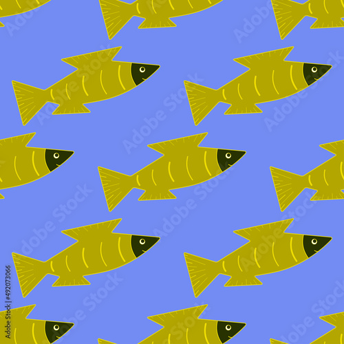 Cartoon fish in flat style in vector seamless pattern. Fish, zoological, marine texture. Yellow fish on a blue background. Illustration for pet shop, fishing shop, fish restaurant, oceanarium