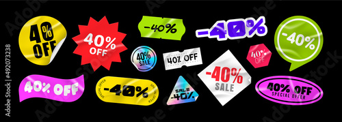 Sticker pack. Price stickers. Sale -40 off. Peeled Paper Stickers. Price Tag. Isolated on black background
