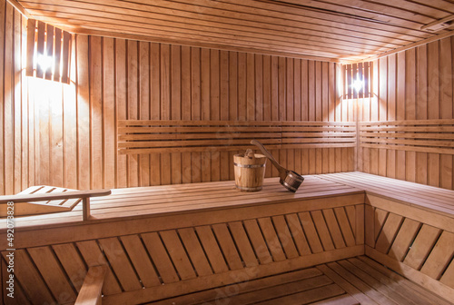 interior of empty dry finnish and russian sauna bath