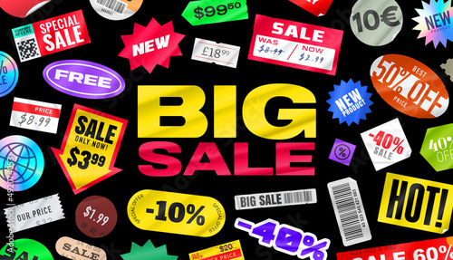 Sticker pack. Price stickers. Peeled Paper Stickers. Price Tag. Isolated on black background