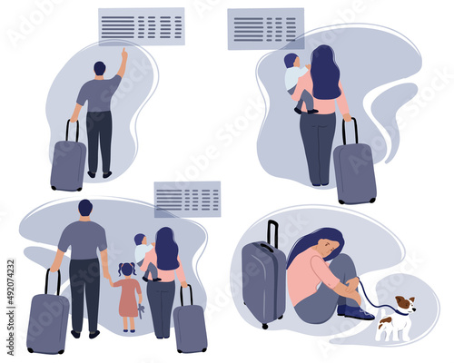 Set of refugees. A family with small children and suitcases looks at the train timetable board. Sad girl sits with a suitcase and a dog. Evacuation. Resettlement during the war. Flat vector 