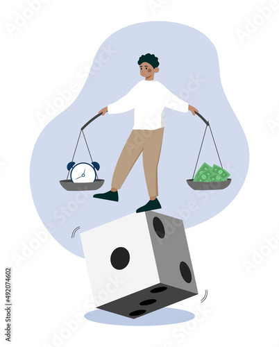 Man balance himself. Choice between money and time. Employee saved from emotional burnout, search for optimal financial income. Life path and decision making. Cartoon flat vector illustration