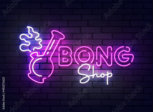 Bong neon sign, bright signboard, light banner. Bong shop logo neon, emblem and label. Vector illustration