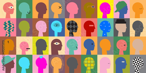Crowd of young and elderly abstract men, women and children. Diverse group of stylish people standing together. Society or population, social diversity. Flat simple cartoon vector illustration.