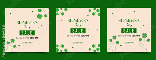 St. Patrick's day sale square banner design template. Editable modern banner with clover decoration. Usable for social media post, card, banner, and web.